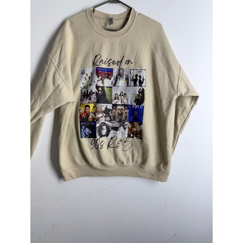Raised on 90s R&B Graphic Sweatshirt Tan XL Aaliyah Mary J Blige Crewneck
